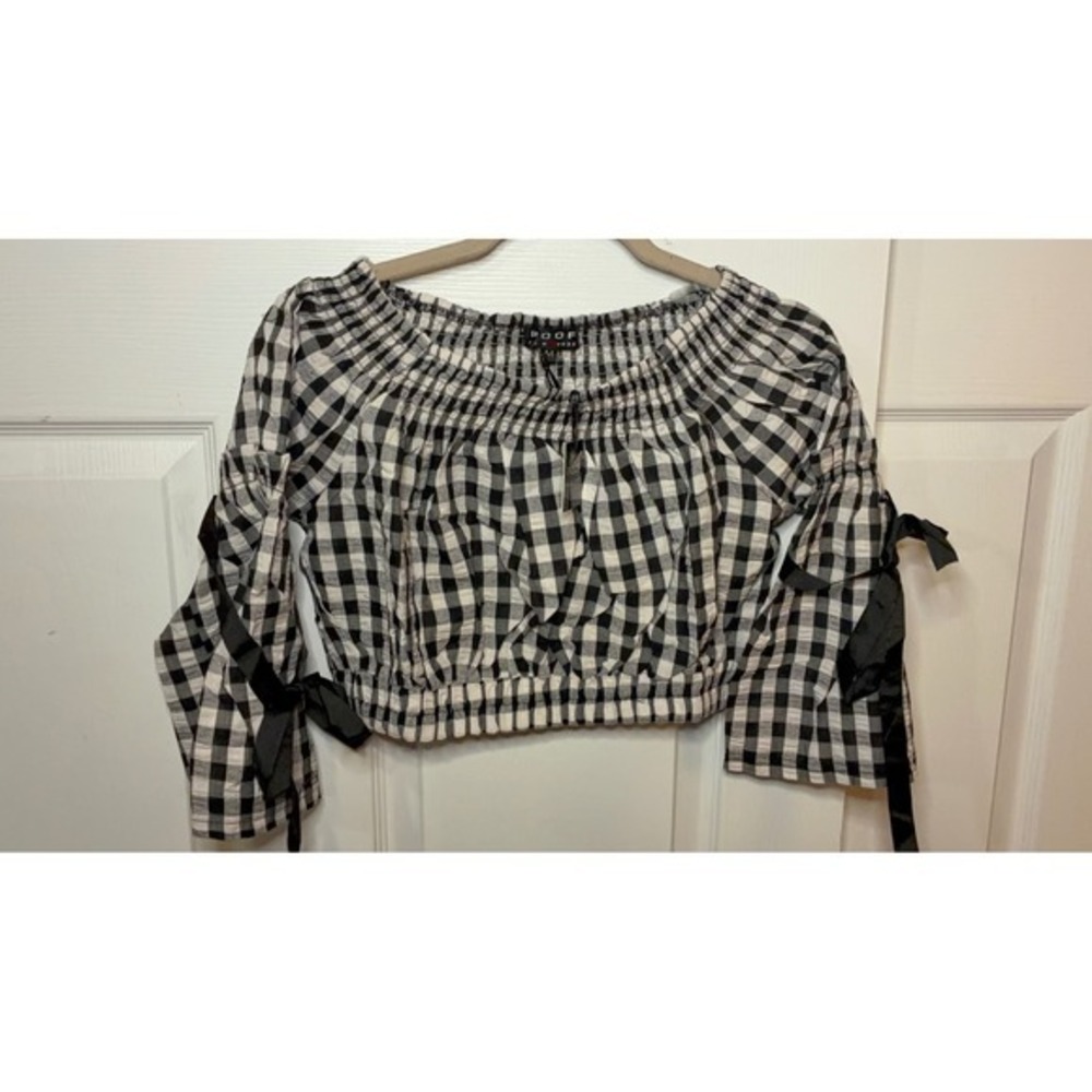 Poof New York Gingham Off The Shoulder Crop Top Black White Bow Sleeve Large